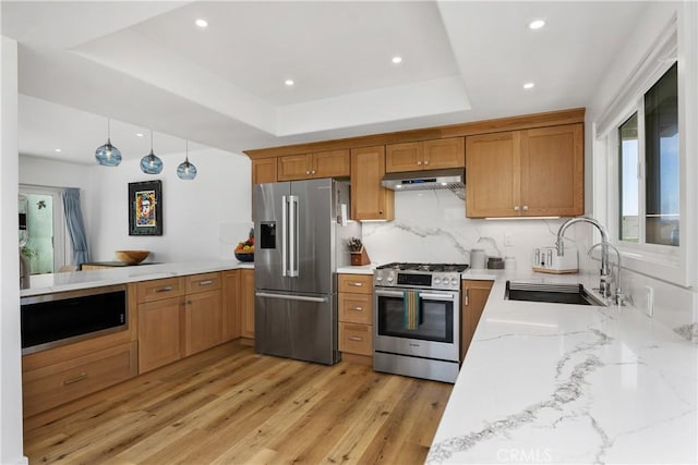 416 Via Pichon, San Clemente, CA 92672 - kitchen featuring appliances with stainless steel finishes, under cabinet range hood, a raised ceiling, light wood-type flooring, and light stone countertops