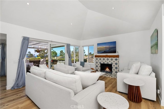 416 Via Pichon, San Clemente, CA 92672 - living area with light wood-style floors, a premium fireplace, and high vaulted ceiling
