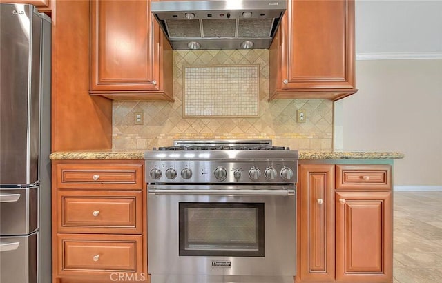 16410 Argent Rd, Chino Hills, CA 91709 - kitchen featuring appliances with stainless steel finishes, extractor fan, light stone counters, backsplash, and ornamental molding