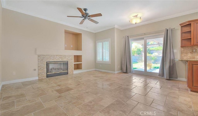 16410 Argent Rd, Chino Hills, CA 91709 - unfurnished living room featuring stone tile flooring, plenty of natural light, built in features, and crown molding