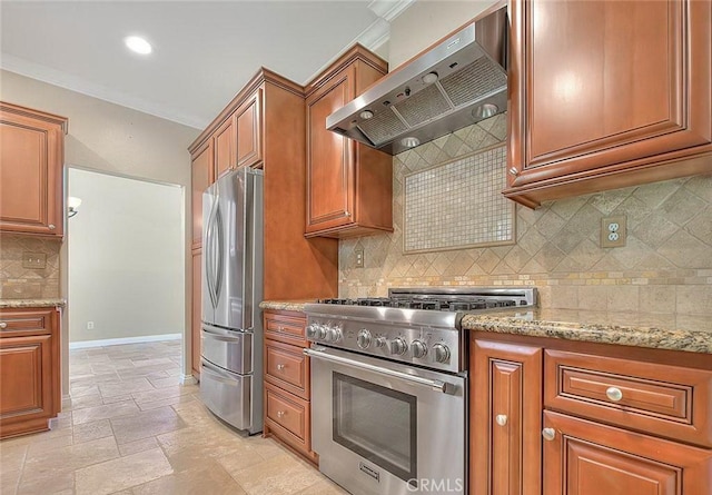 16410 Argent Rd, Chino Hills, CA 91709 - kitchen featuring wall chimney exhaust hood, appliances with stainless steel finishes, crown molding, brown cabinetry, and backsplash