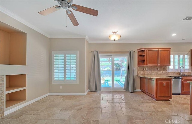 16410 Argent Rd, Chino Hills, CA 91709 - kitchen with stainless steel dishwasher, brown cabinetry, healthy amount of natural light, crown molding, and recessed lighting