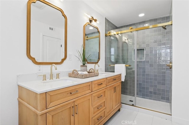 17978 Gallineta St, Rowland Heights, CA 91748 - full bathroom with double vanity, a stall shower, tile patterned floors, and recessed lighting