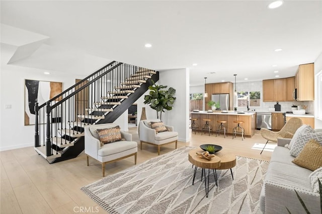 17978 Gallineta St, Rowland Heights, CA 91748 - living room with light wood-style floors, stairway, and recessed lighting