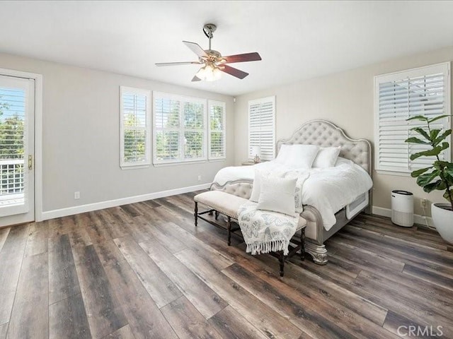 23808 Bayview Ct, Valencia, CA 91355 - bedroom featuring multiple windows, dark wood-type flooring, access to exterior, and a ceiling fan