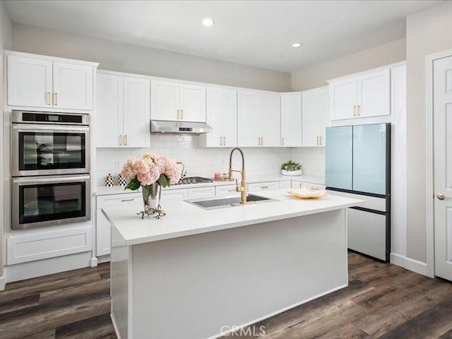 23808 Bayview Ct, Valencia, CA 91355 - kitchen featuring stainless steel appliances, under cabinet range hood, light countertops, tasteful backsplash, and white cabinets
