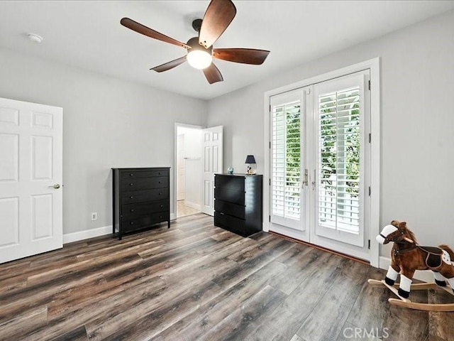 23808 Bayview Ct, Valencia, CA 91355 - bedroom featuring access to exterior, dark wood finished floors, french doors, and a ceiling fan