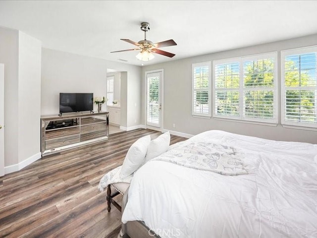 23808 Bayview Ct, Valencia, CA 91355 - bedroom with wood finished floors, access to exterior, and ceiling fan