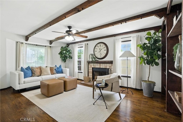 1215 S Patton Ave, San Pedro, CA 90731 - living area with healthy amount of natural light, wood finished floors, beam ceiling, and a fireplace