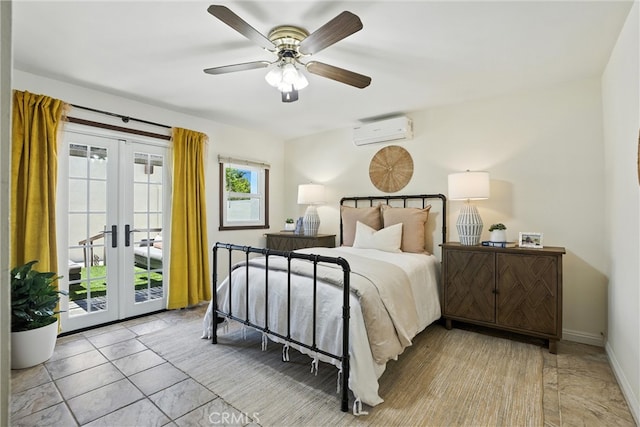 1215 S Patton Ave, San Pedro, CA 90731 - bedroom with a wall unit AC, access to exterior, french doors, and a ceiling fan