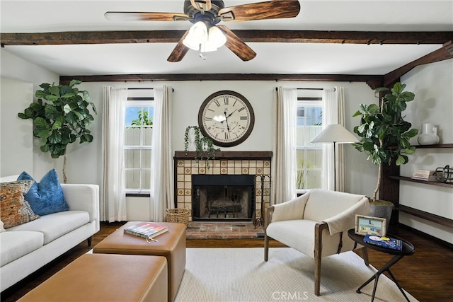 1215 S Patton Ave, San Pedro, CA 90731 - living area with healthy amount of natural light, beamed ceiling, wood finished floors, a fireplace, and a ceiling fan