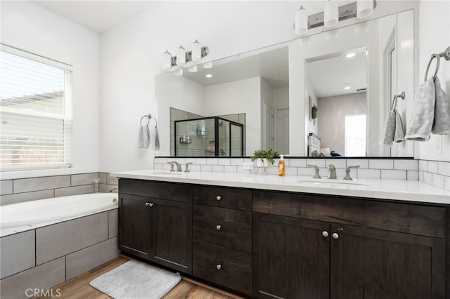 2070 Solig Ave, Kingsburg, CA 93631 - bathroom with a shower stall, double vanity, and plenty of natural light