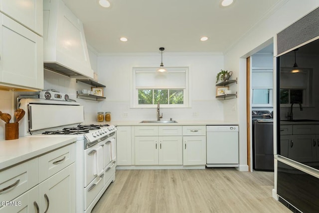 5210 La Canada Blvd, La Canada Flintridge, CA 91011 - kitchen with white appliances, open shelves, light wood-type flooring, ornamental molding, and recessed lighting