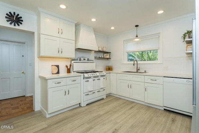 5210 La Canada Blvd, La Canada Flintridge, CA 91011 - kitchen with white appliances, custom exhaust hood, open shelves, light countertops, and backsplash