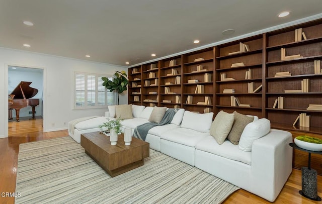 5210 La Canada Blvd, La Canada Flintridge, CA 91011 - living room featuring wood finished floors, recessed lighting, and ornamental molding