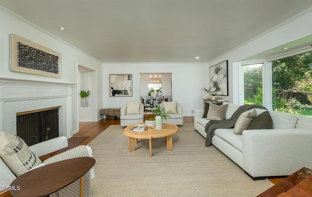 5210 La Canada Blvd, La Canada Flintridge, CA 91011 - living room featuring ornamental molding, wood finished floors, a fireplace, and recessed lighting