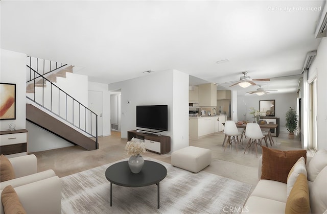 810 E Laurel Oak Dr, Azusa, CA 91702 - living area with stairs, ceiling fan, and light colored carpet
