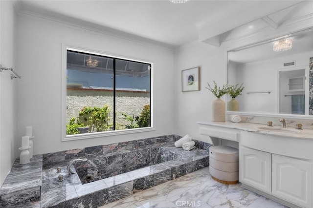 21 Santa Catalina Dr, Rancho Palos Verdes, CA 90275 - bathroom with ornamental molding, vanity, a garden tub, and marble look tiles