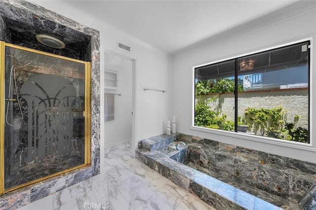 21 Santa Catalina Dr, Rancho Palos Verdes, CA 90275 - full bathroom featuring ornamental molding, a marble finish shower, marble finish flooring, and a garden tub