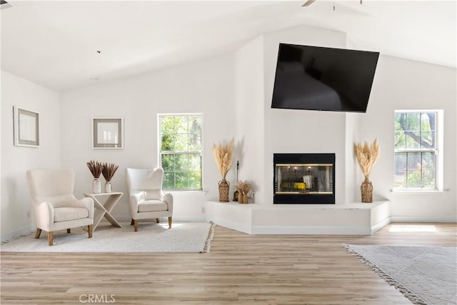 35356 Sierra Vista Dr, Agua Dulce, CA 91390 - living area featuring vaulted ceiling, wood finished floors, a glass covered fireplace, and a ceiling fan