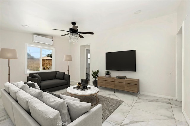 6681 Rostrata Ave, Buena Park, CA 90621 - living room featuring a wall mounted air conditioner, a ceiling fan, light marble finish flooring, and recessed lighting