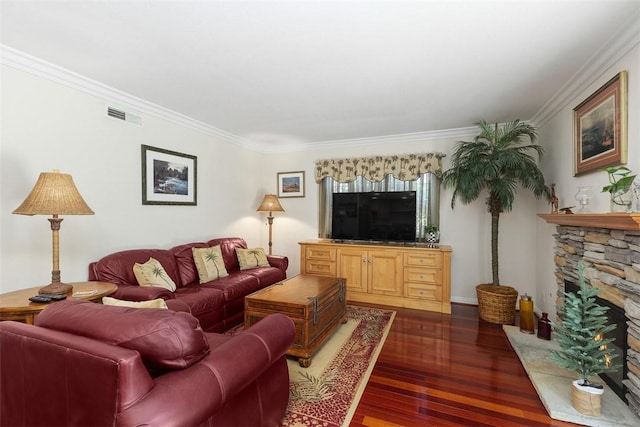 2531 Wildcat Ln, Riverside, CA 92503 - living room featuring ornamental molding, dark wood-style floors, and a stone fireplace