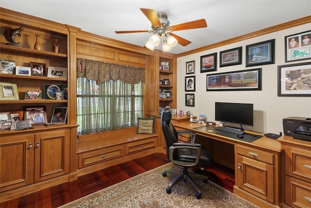 2531 Wildcat Ln, Riverside, CA 92503 - office space with dark wood-type flooring, ceiling fan, and ornamental molding