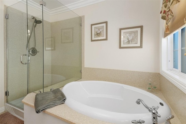 2531 Wildcat Ln, Riverside, CA 92503 - full bath featuring a bath, a shower stall, and crown molding