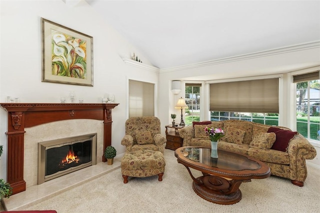 2531 Wildcat Ln, Riverside, CA 92503 - carpeted living area featuring lofted ceiling and a high end fireplace