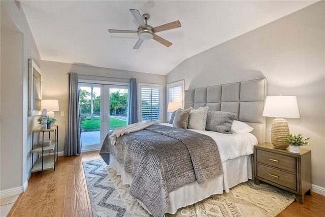 591 Shadow Tree Dr, Oceanside, CA 92058 - bedroom featuring access to outside, light wood-style flooring, vaulted ceiling, and ceiling fan