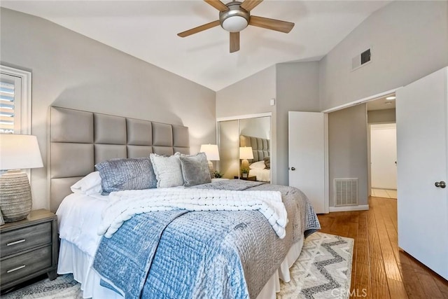 591 Shadow Tree Dr, Oceanside, CA 92058 - bedroom featuring hardwood / wood-style flooring, ceiling fan, and high vaulted ceiling