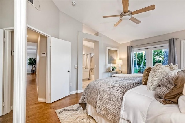 591 Shadow Tree Dr, Oceanside, CA 92058 - bedroom with lofted ceiling, wood finished floors, ensuite bath, french doors, and a ceiling fan