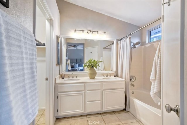591 Shadow Tree Dr, Oceanside, CA 92058 - bathroom with shower / bath combination with curtain, tile patterned floors, double vanity, and ceiling fan