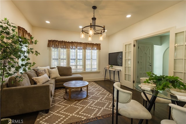 425 W 17th St, San Bernardino, CA 92405 - living area featuring a chandelier, dark wood-style flooring, and recessed lighting