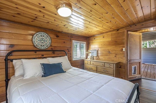 35853 Sierra Linda Dr, Wishon, CA 93669 - bedroom featuring wood ceiling, wood walls, and dark wood-type flooring