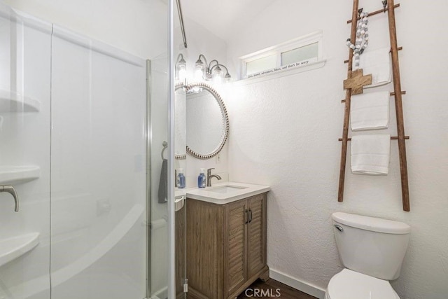 35853 Sierra Linda Dr, Wishon, CA 93669 - bathroom with a shower stall, vanity, and vaulted ceiling
