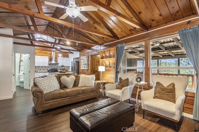 35853 Sierra Linda Dr, Wishon, CA 93669 - living area featuring wooden walls, dark wood-style flooring, wooden ceiling, and ceiling fan