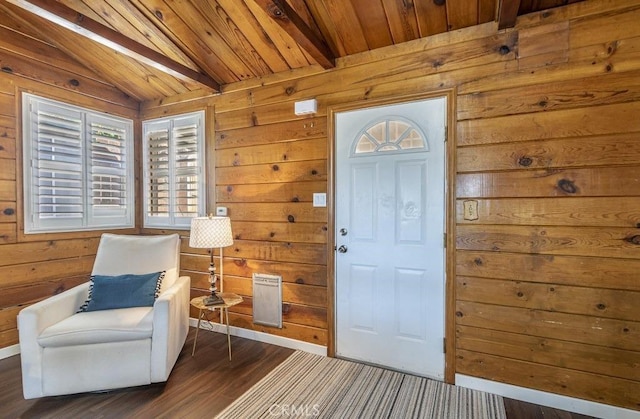 35853 Sierra Linda Dr, Wishon, CA 93669 - entrance foyer with wood walls, dark wood-style floors, and wood ceiling