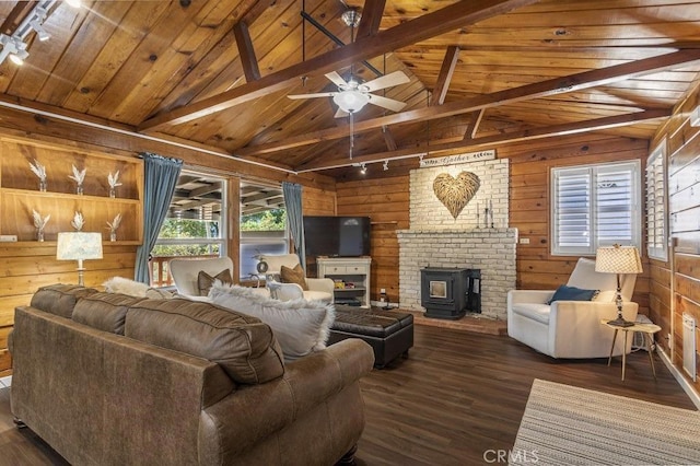 35853 Sierra Linda Dr, Wishon, CA 93669 - living area with wood walls, wood ceiling, dark wood-type flooring, and ceiling fan