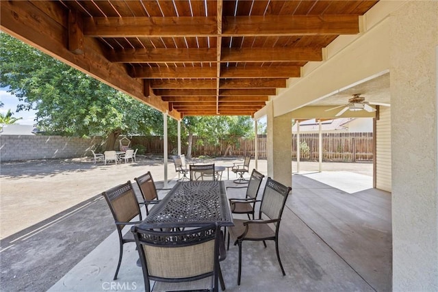 601 Las Arenas Ct, Bakersfield, CA 93314 - fenced backyard featuring outdoor dining area, a patio, and ceiling fan