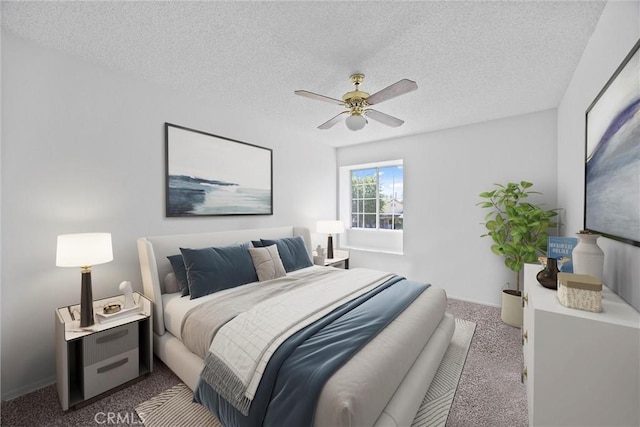 601 Las Arenas Ct, Bakersfield, CA 93314 - bedroom featuring dark carpet, a textured ceiling, and ceiling fan