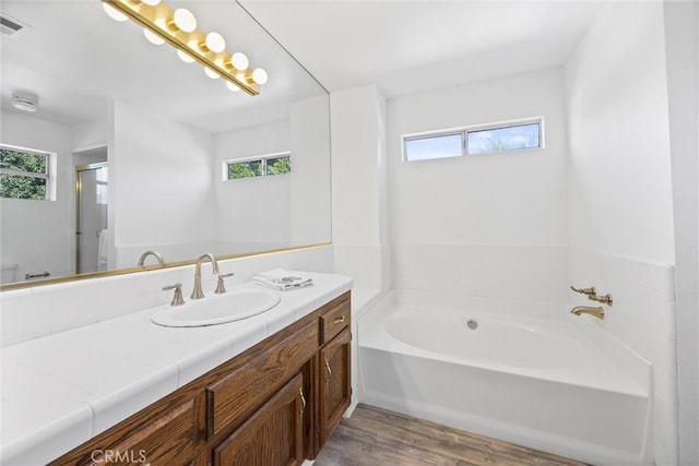 601 Las Arenas Ct, Bakersfield, CA 93314 - bathroom featuring a garden tub, vanity, wood finished floors, and a shower stall