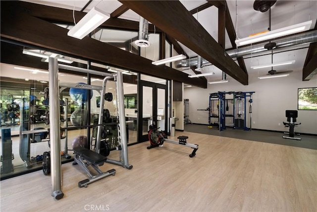 14 Tall Oak, Irvine, CA 92603 - gym with wood finished floors, a high ceiling, beamed ceiling, and french doors