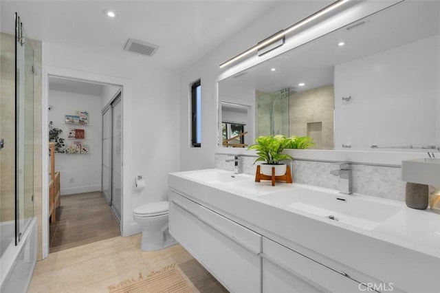 4764 Browndeer Ln, Rancho Palos Verdes, CA 90275 - bathroom with a shower with shower door, double vanity, recessed lighting, and tile patterned flooring