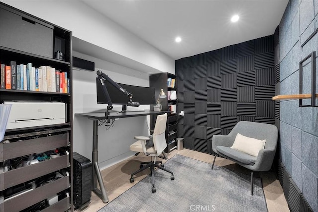 4764 Browndeer Ln, Rancho Palos Verdes, CA 90275 - office area with recessed lighting, an accent wall, and wood finished floors
