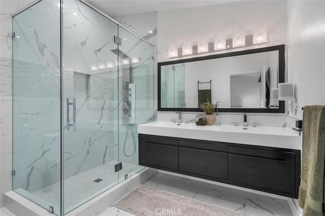 4764 Browndeer Ln, Rancho Palos Verdes, CA 90275 - bathroom featuring marble look tile flooring, a marble finish shower, and double vanity