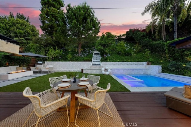 4764 Browndeer Ln, Rancho Palos Verdes, CA 90275 - view of pool featuring a deck, a pool with connected hot tub, outdoor dining area, and a yard