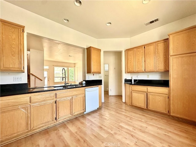 2244 Posada Ct, Corona, CA 92879 - kitchen featuring dishwasher, dark countertops, light wood-style floors, and recessed lighting