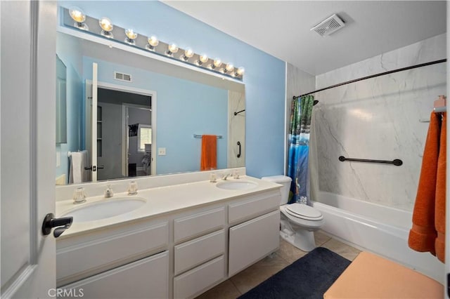 3310 Purple Sage Ln, Palmdale, CA 93550 - bathroom with shower / bathtub combination with curtain, double vanity, and tile patterned flooring