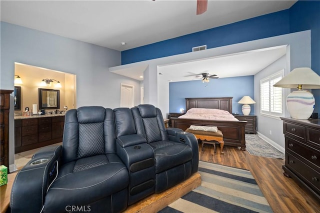 3310 Purple Sage Ln, Palmdale, CA 93550 - bedroom featuring wood finished floors, ceiling fan, and ensuite bath